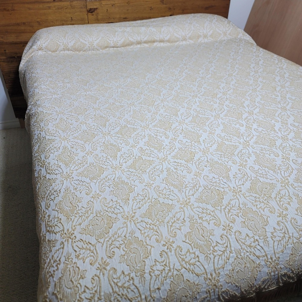 Vintage Gold Embossed Bedspread Coverlet Fringe 87 x 76 Cottage Chic Bedding